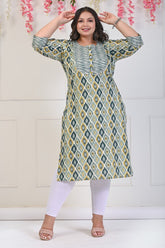 Plus Size Green Cotton Floral Print Straight Kurta-706
